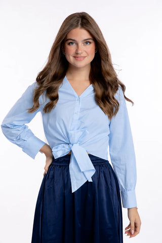 The Kitty Front Tie Polo Cotton Blouse-Sky