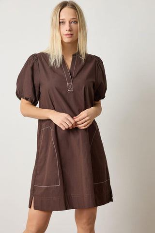 Shirred Sleeve Split Neck Dress - Espresso