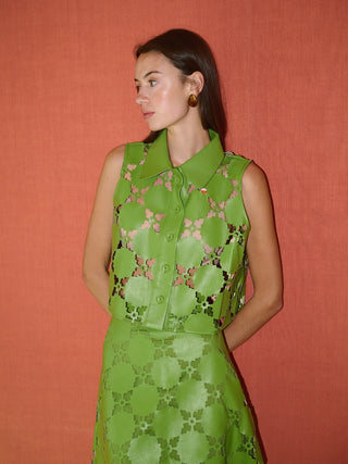 Olive Sleeveless Button Down  - Green Laser Cut