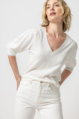 Puff Sleeve V-Neck Sweater - Linen