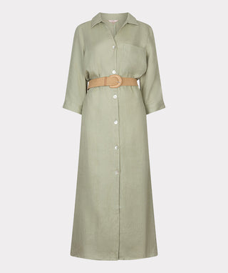 Long Linen Belted Dress - Light Soft Green