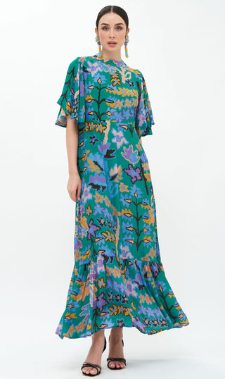 Flirty Mock Neck Maxi - Green Bukhara