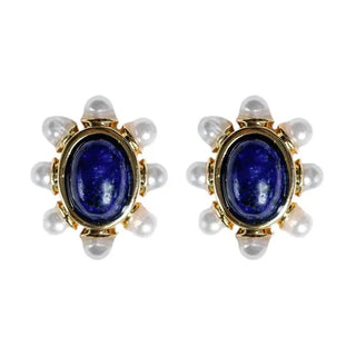 Blue Lapis and Pearl Oval Stud Earrings
