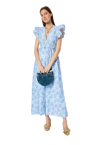 V-Neck Flutter Sleeve Maxi - White/Blue