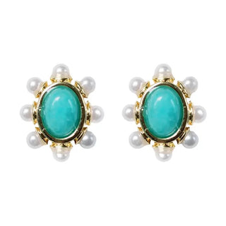 Turquoise and Pearl Oval Stud Earrings