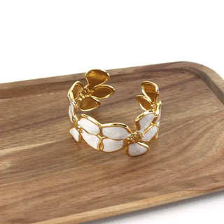 Enameled Flower Cuff Bracelet - White