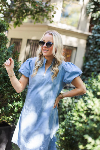 Puff Sleeve Mini Dress - Chambray