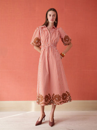 Banyan Puff Sleeve Dress - Terracotta Stripe