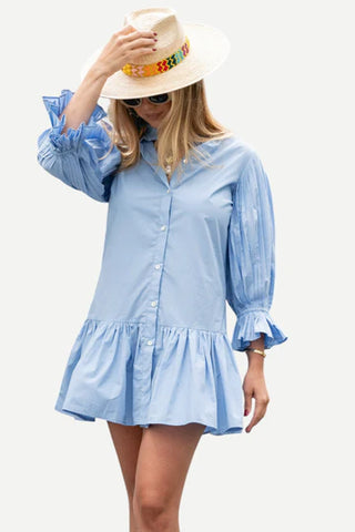 The Teri Ruffle Drop Mini Dress - Placid Blue