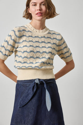 Short Sleeve Multi stitch Pullover Sweater - Winter White Stripe