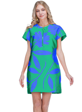 Zipper Shift Dress - Green Floral Brocade