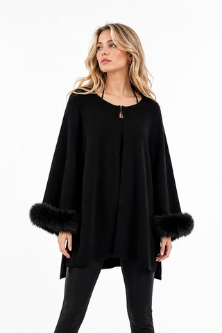 Black Wool & Lurex Wrap with Fox Fur Cuffs